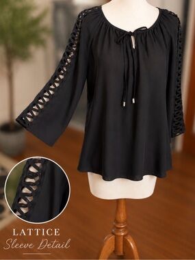 Zac & Rachel Black Lattice Cutout Bell Sleeve Top | Tie Neck Boho | Size M